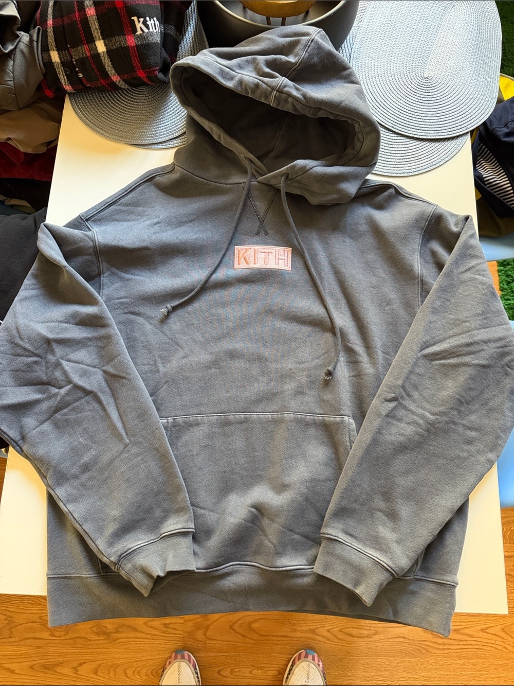 Kith over dyed blue  Crewneck Hoodie with Pink embroidered box Logo